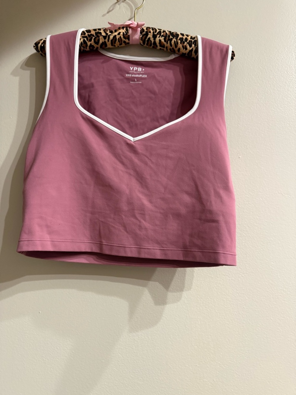 Abercrombie YPB StudioFLEX Pink Sleeveless V-Neck Crop Top with White Trim